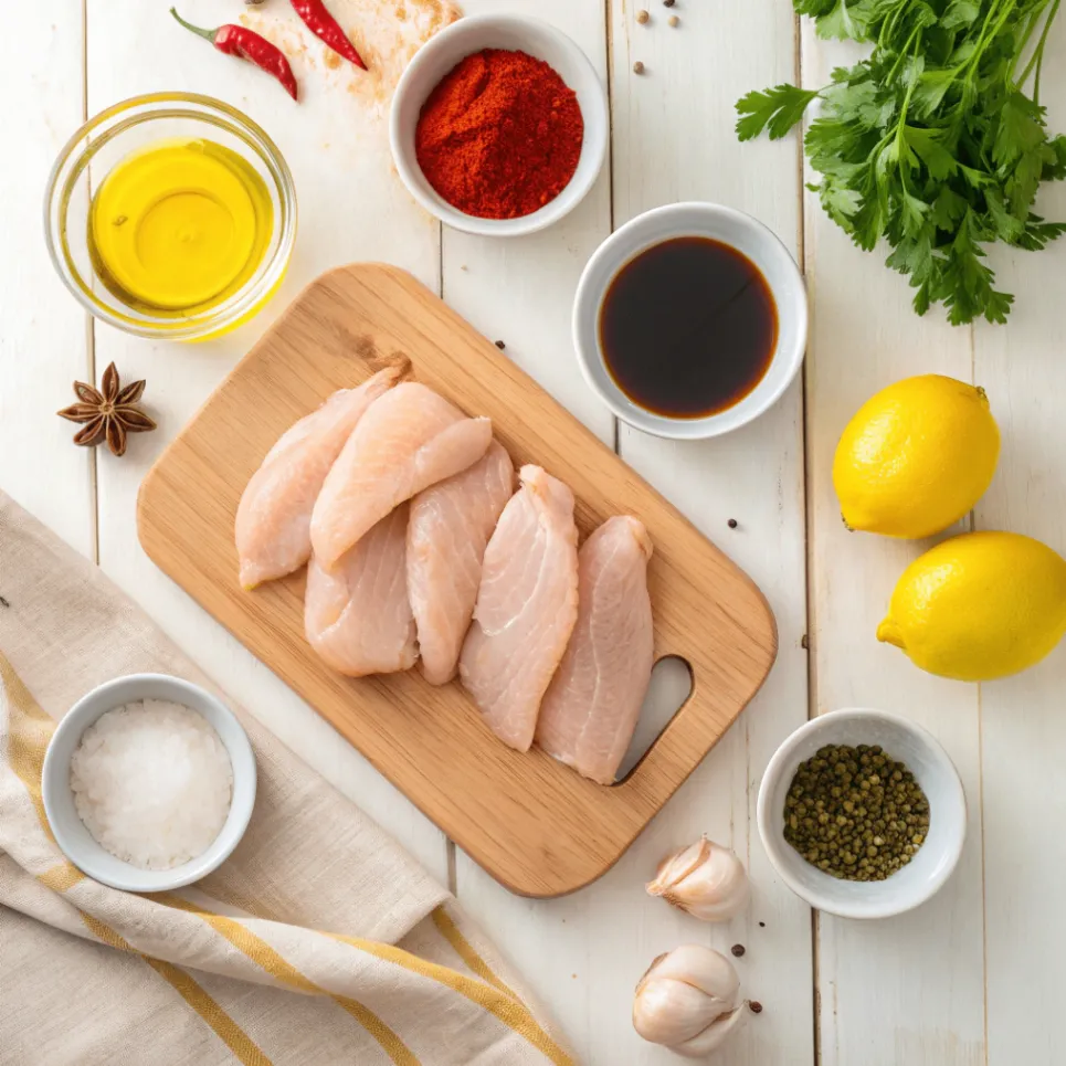 Frische Zutaten zum Marinieren und Braten von Hähnchenbruststreifen, inklusive Hähnchen, Olivenöl, Sojasauce, Paprika, Knoblauch, Zitrone, Salz und Pfeffer