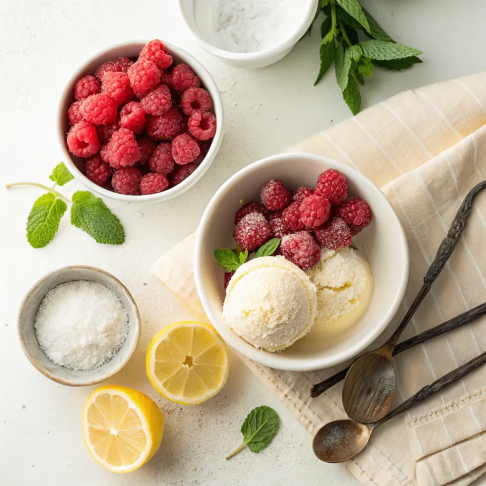 Frische Zutaten für Heiße Himbeeren mit Vanilleeis – Himbeeren, Vanilleeis, Zucker und Zitrone