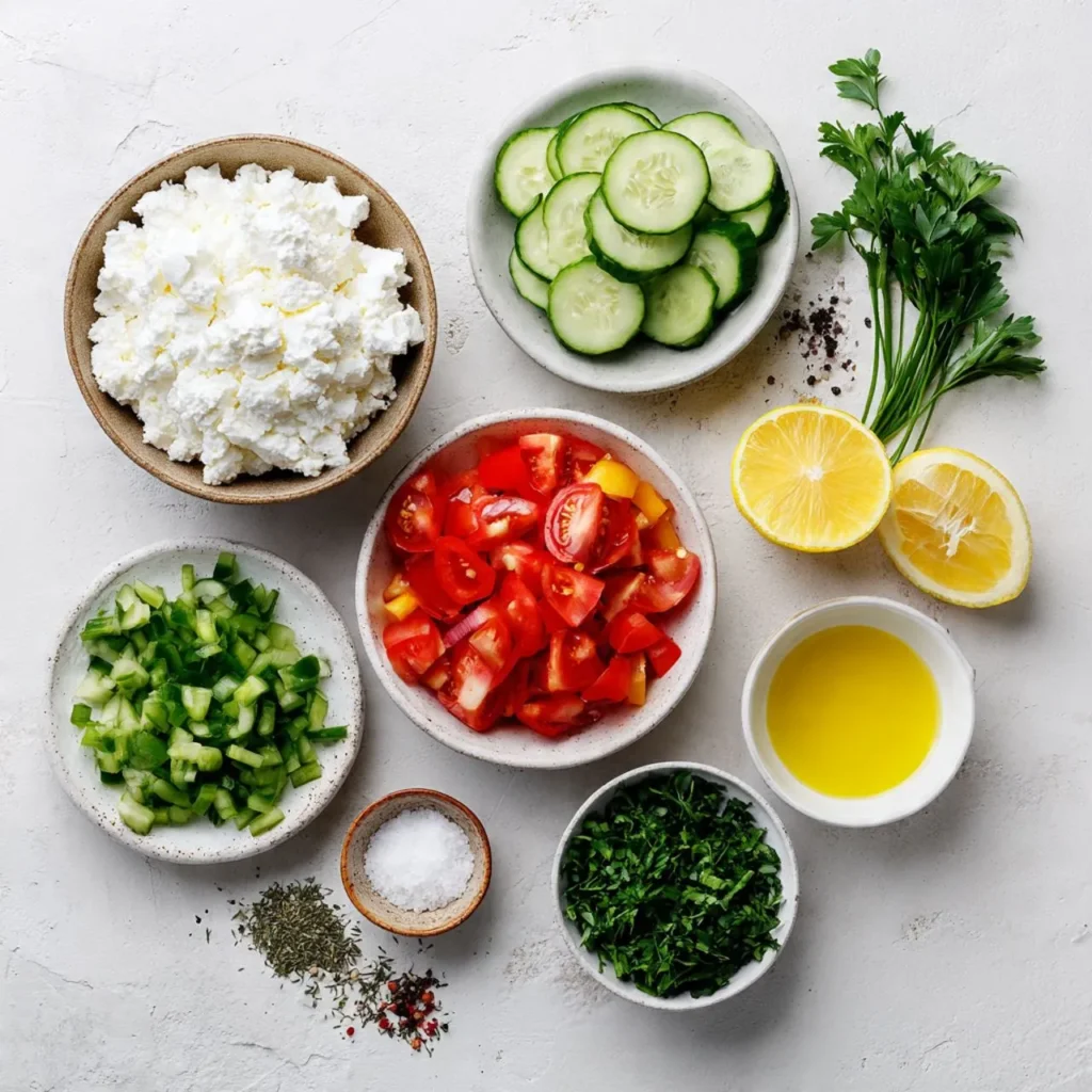 Zutaten für Hüttenkäse-Salat mit Hüttenkäse, Gurken, Tomaten, Paprika und frischen Kräutern auf weißem Hintergrund