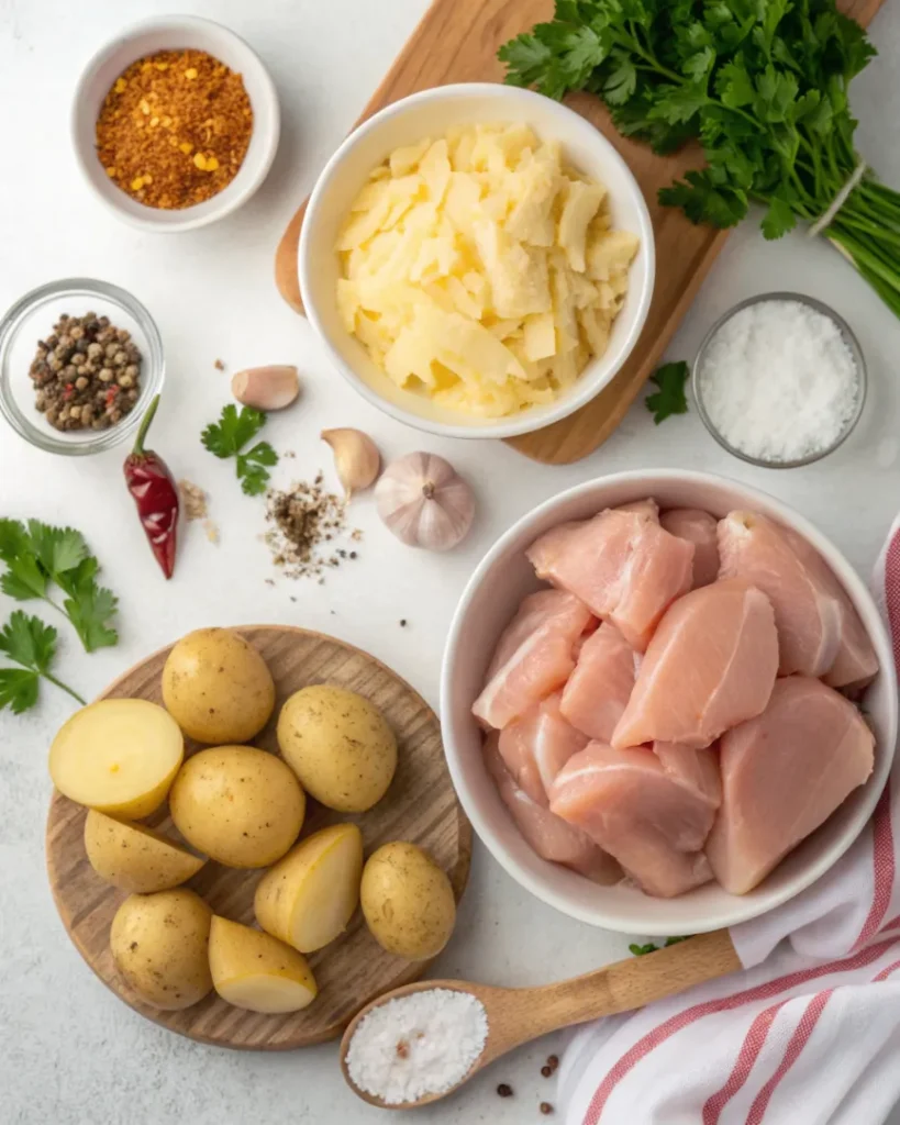 Frische Zutaten für Kartoffeln Hähnchen Auflauf mit Kartoffeln, Hähnchen, Sahne und Gewürzen