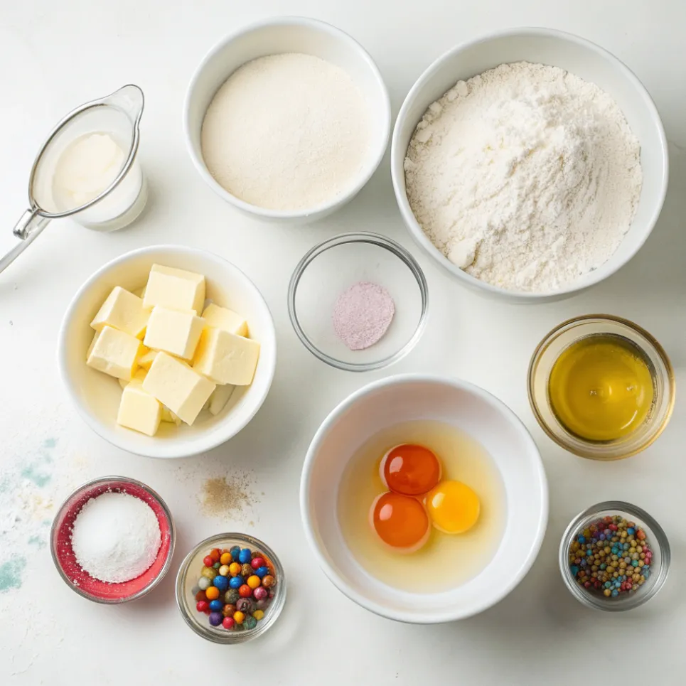 Zutaten für Magische Spiralkekse mit Butter, Zucker, Mehl, Ei und Lebensmittelfarben auf hellem Hintergrund