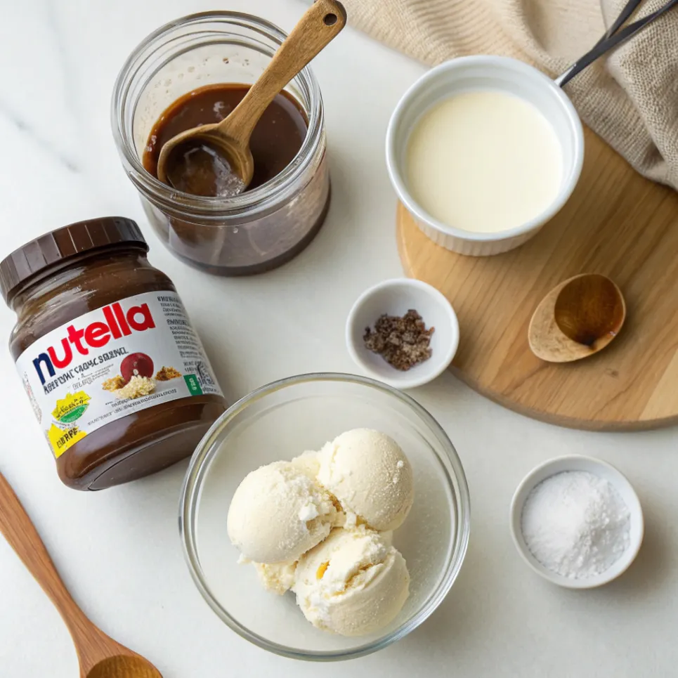 Alle Zutaten zum Nutella Eis selber machen: Nutella, Sahne, Kondensmilch, Vanille und Salz