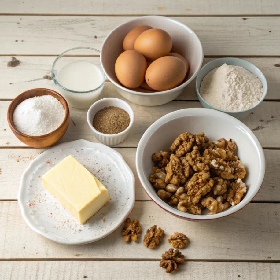 Omas saftiger Walnusskuchen Zutaten: Butter, Eier, Zucker, Vanillezucker, Mehl, Backpulver, gemahlene Walnüsse, Milch und Salz auf rustikalem Holztisch