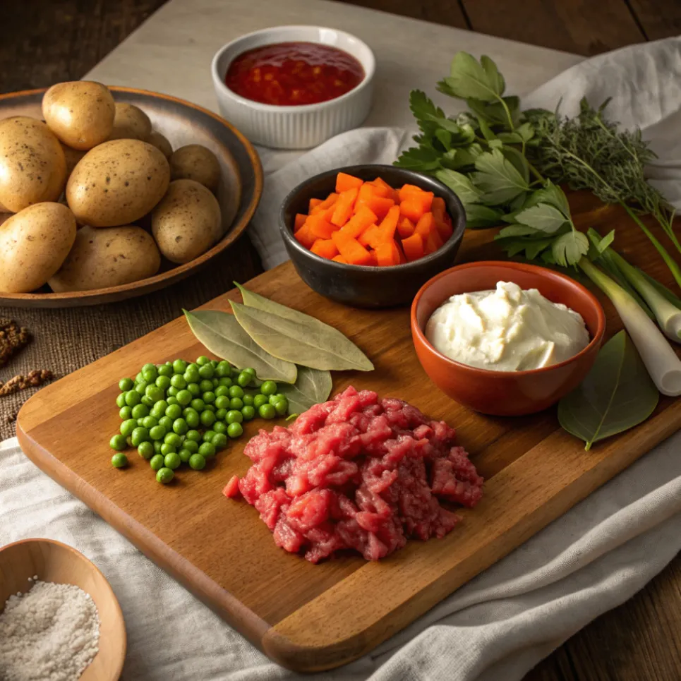 Frische Zutaten für Räubertopf nach Omas: Hackfleisch, Kartoffeln, Karotten, Paprika, Zwiebeln, Erbsen, Tomatenmark und Sahne auf Holzbrett