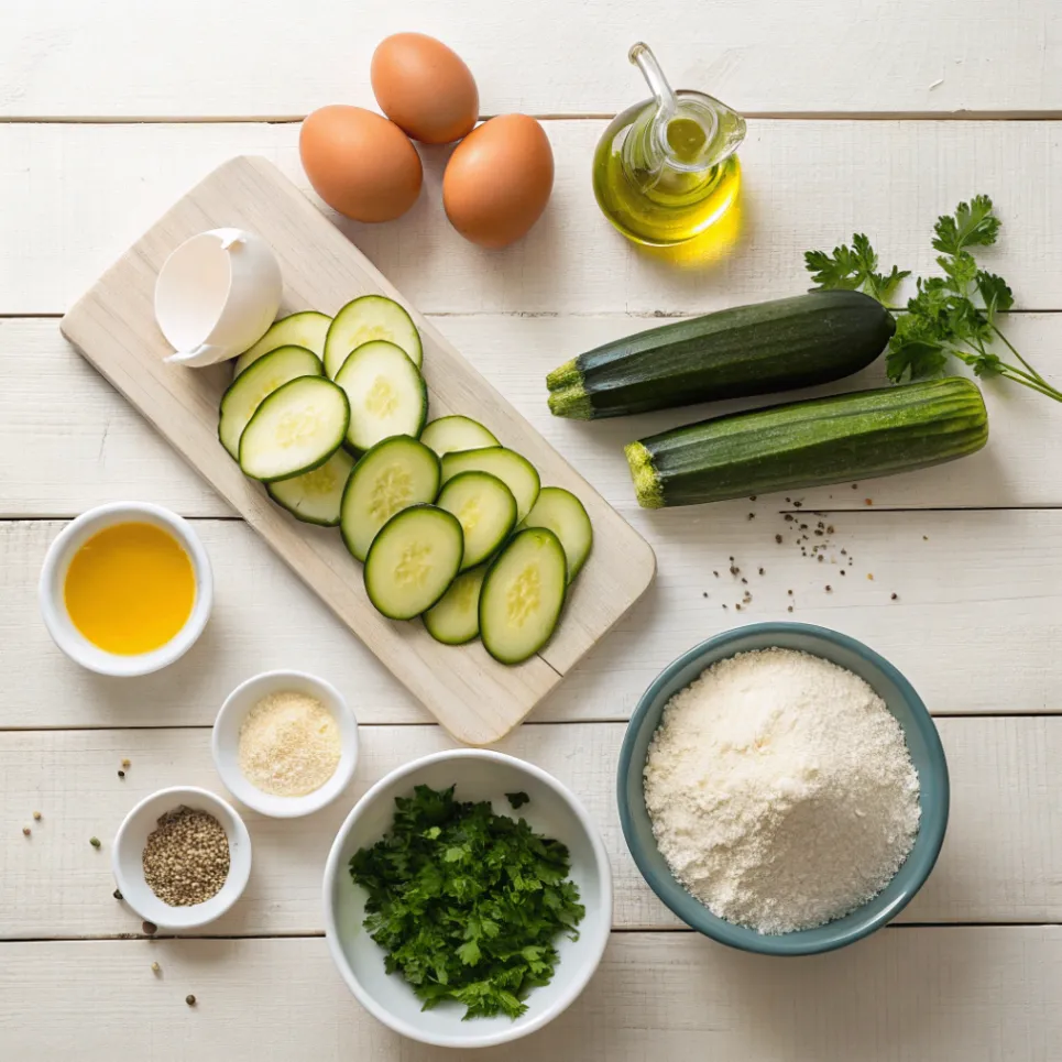 Frische Zutaten für Scarpaccia di Zucchine mit Zucchini, Eiern, Mehl und Olivenöl