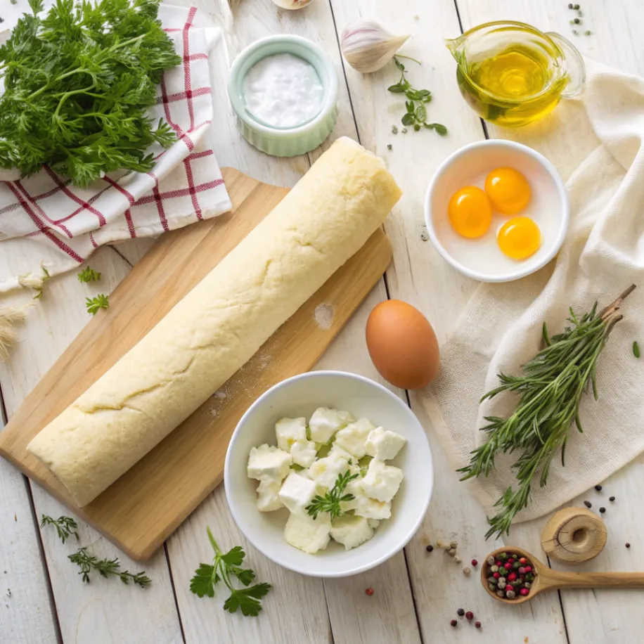 Frische Zutaten für Schafskäse mit Blätterteig auf Holztisch mit Schafskäse, Blätterteig, Ei, Knoblauch und Kräutern