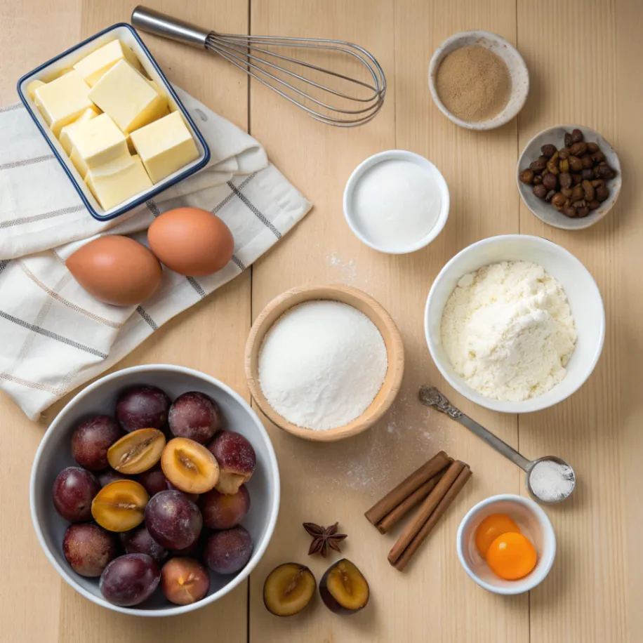 Alle Zutaten für Schneller Pflaumenkuchen vom Blech auf einem Holztisch, inklusive Pflaumen, Butter, Zucker, Eier und Mehl