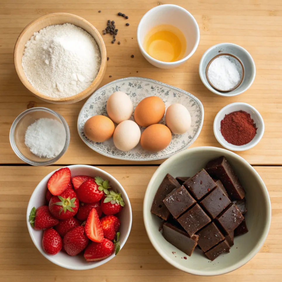 Zutaten für Schoko Erdbeer Brownies: Schokolade, Butter, Zucker, Eier, Mehl, Vanille, Salz und gewürfelte Erdbeeren