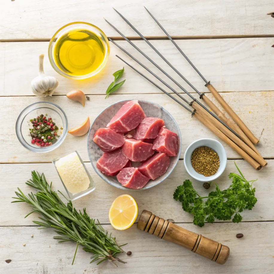 Frische Zutaten für Schweinefilet-Spieße mit Schweinefiletstücken, Olivenöl, Knoblauch, Paprikapulver, Senf, Honig, Kräutern und Holzspießen