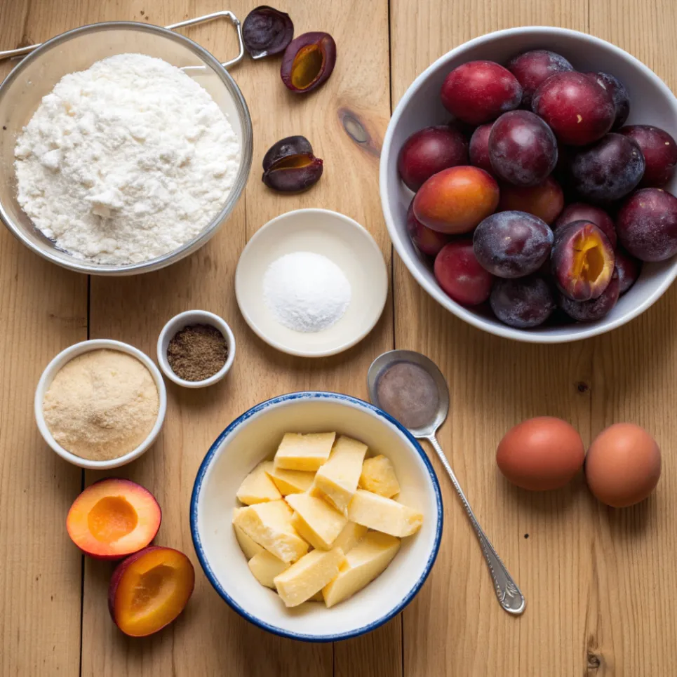 Alle Zutaten für Zwetschgen-Streuselkuchen auf einem Holztisch: Zwetschgen, Mehl, Zucker, Butter, Eier und Vanillezucker