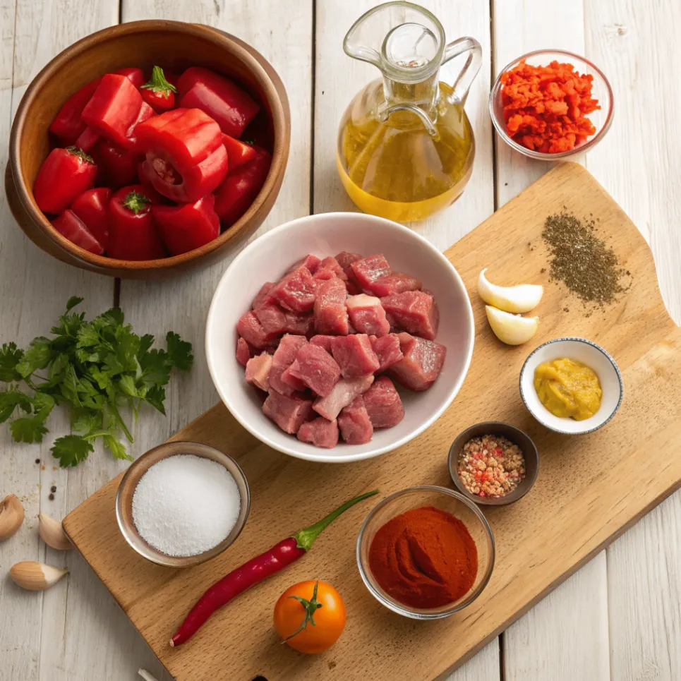 Frische Zutaten für klassisches Schaschlik mit würziger Soße – Fleisch, Paprika, Zwiebeln, Tomatenmark und Gewürze