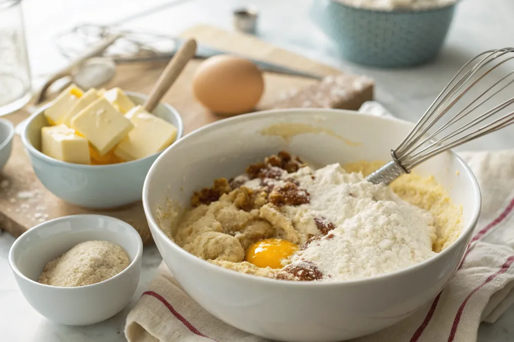 Rührteig für Zwetschgen-Streuselkuchen wird in einer Schüssel zubereitet