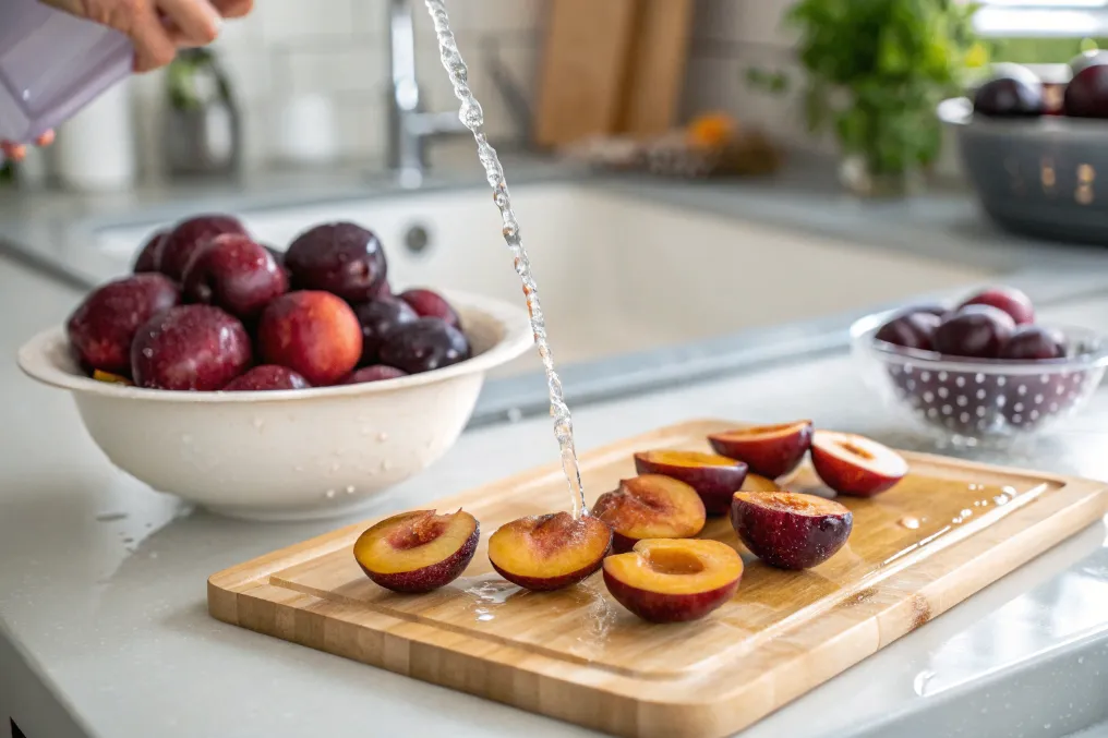 Frische Zwetschgen werden gewaschen, halbiert und entsteint