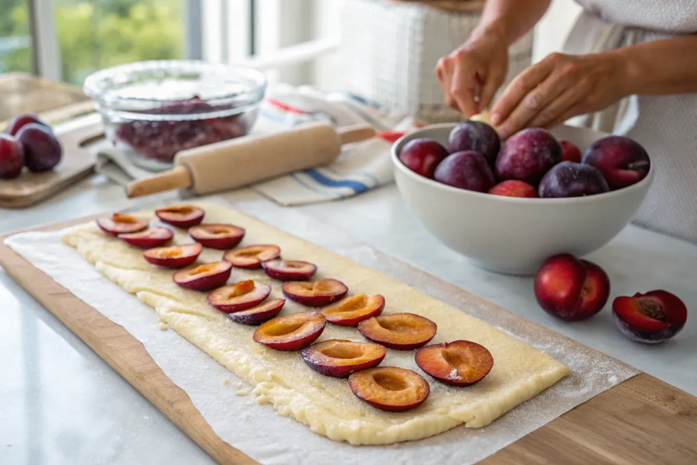 Zwetschgenhälften werden gleichmäßig auf dem Teig verteilt