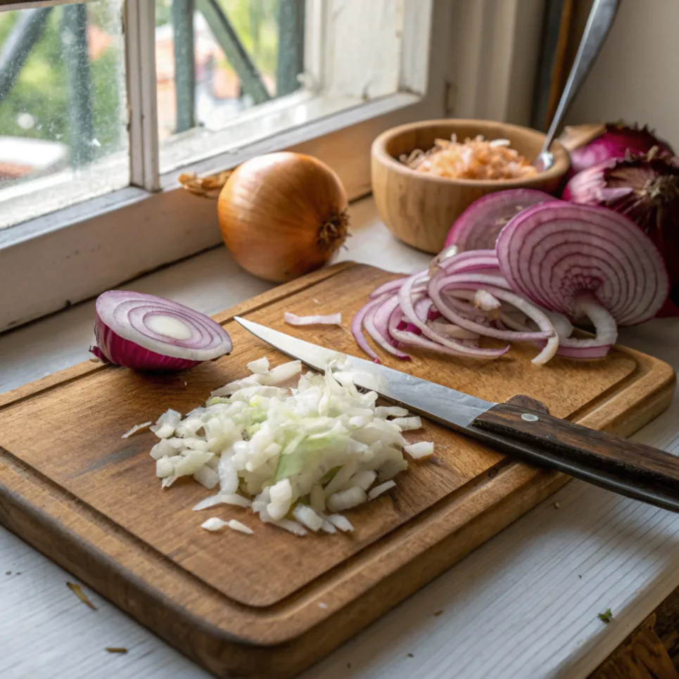 Frische Zwiebeln in Streifen geschnitten für Landfrauen Zwiebelkuchen