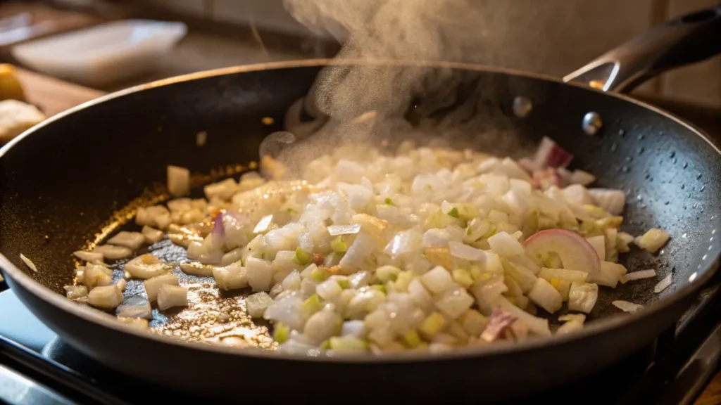 Zwiebelwürfel und gehackter Knoblauch in einer Pfanne, dampfend