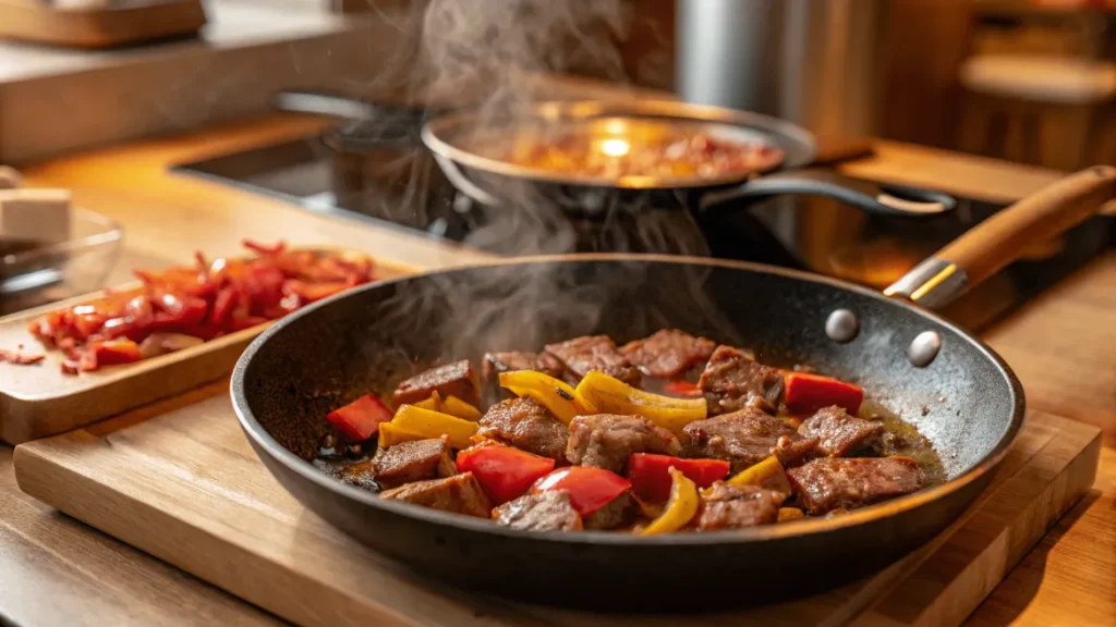 Paprika und Tomatenmark ins Gulasch einrühren