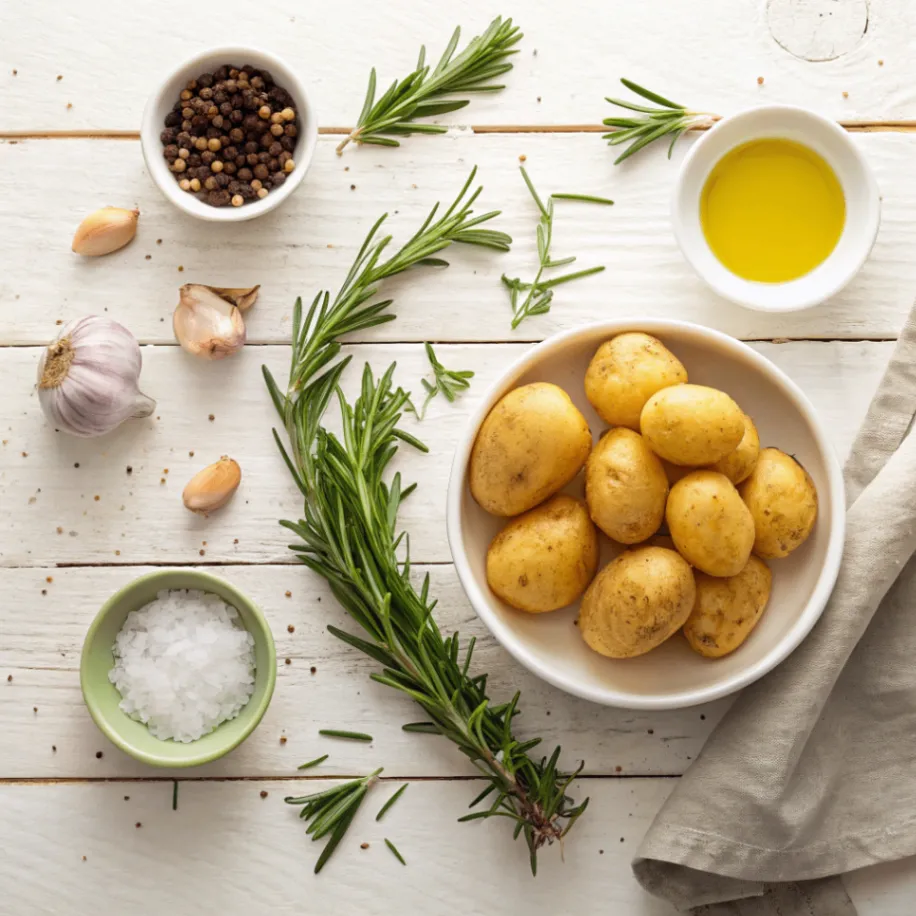Frische Zutaten für Schnelle Rosmarinkartoffeln vom Blech – Kartoffeln, Rosmarin, Knoblauch und Olivenöl auf Holztisch