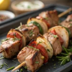 Saftige Schweinefilet-Spieße mit würziger Marinade und gegrilltem Gemüse auf Holzplatte