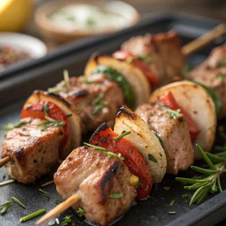 Saftige Schweinefilet-Spieße mit würziger Marinade und gegrilltem Gemüse auf Holzplatte