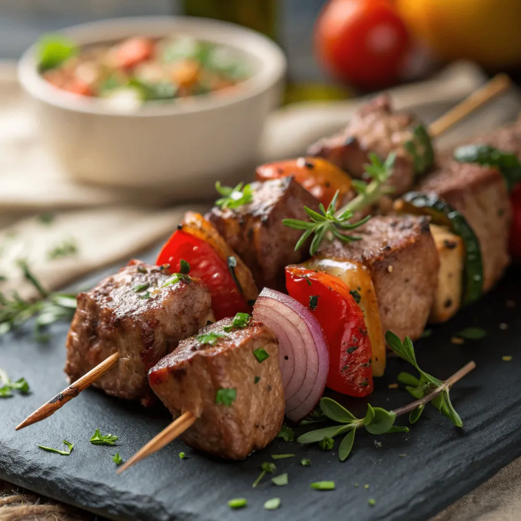 Saftige Schweinefilet-Spieße mit würziger Marinade und gegrilltem Gemüse auf Holzplatte
