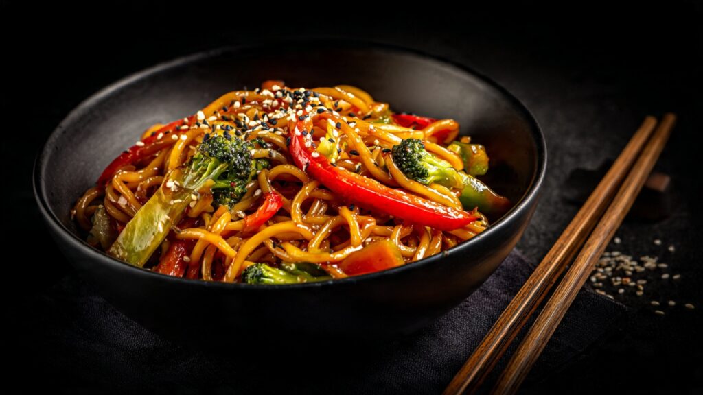 Bunte asiatische Nudeln mit Teriyaki-Sauce, Gemüse und Sesam in schwarzer Schale
