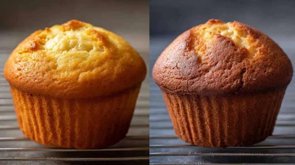 Vergleichsbild zweier Muffins, einer perfekt aufgegangen und goldbraun, einer eingefallen und zu dunkel, zeigt typische Backfehler und deren Lösung