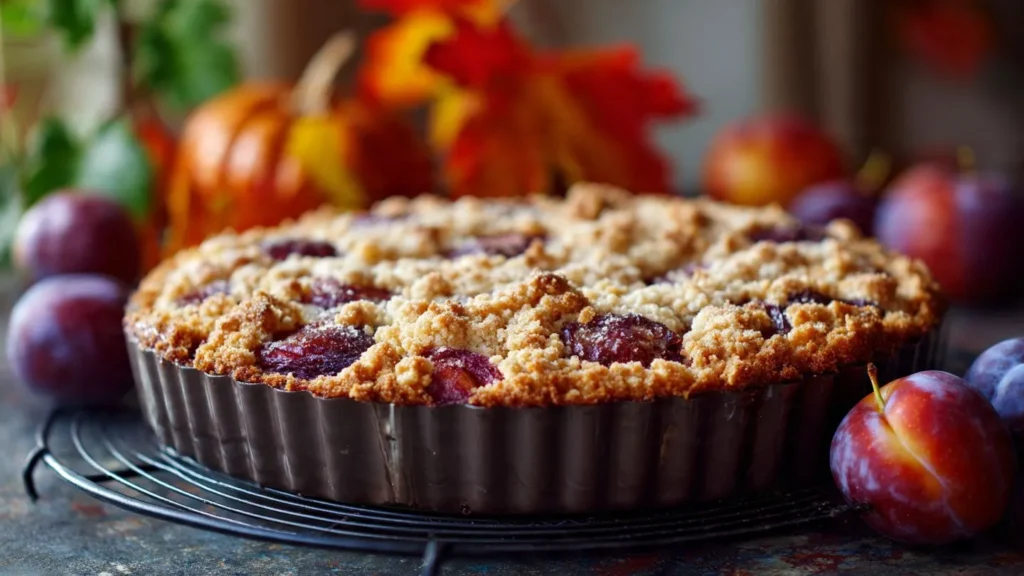 Frisch gebackener Zwetschgenkuchen mit goldenen Streuseln in runder Backform, dampfend auf Abkühlgitter, umgeben von frischen Pflaumen und Herbstdekoration