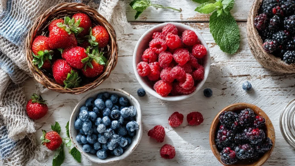 Verschiedene frische Beeren in rustikalen Schälchen, Erdbeeren, Himbeeren, Blaubeeren und Brombeeren auf hellem Holzuntergrund mit Minzblättern
