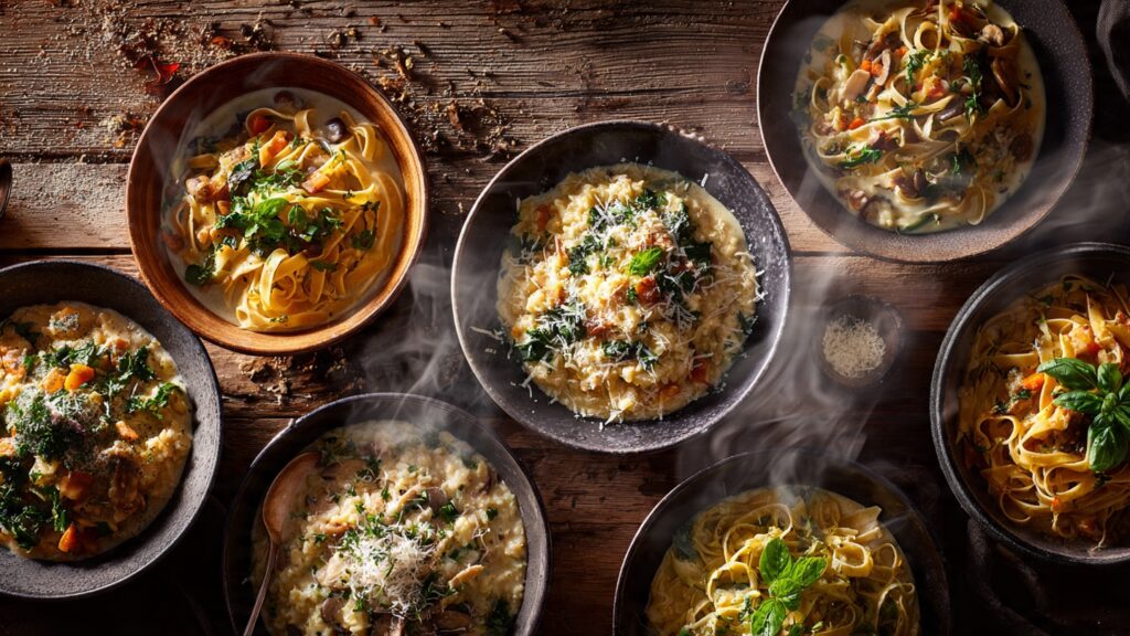 Verschiedene cremige Pasta- und Reisgerichte in weißen Schalen auf rustikalem Holztisch, dampfend und appetitlich angerichtet