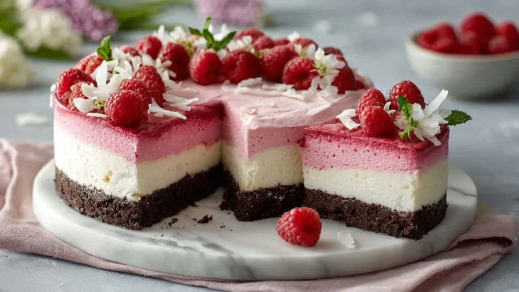 Angeschnittener No-Bake Kuchen mit rosa Himbeerschicht und weißer Kokoscreme auf Marmorteller, garniert mit frischen Himbeeren und Kokosflocken 