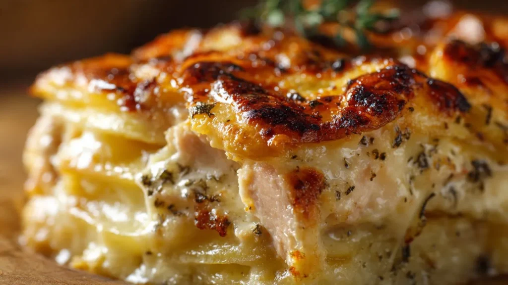 Nahaufnahme eines cremigen Auflafs mit geschmolzenem Käse und knuspriger Kruste