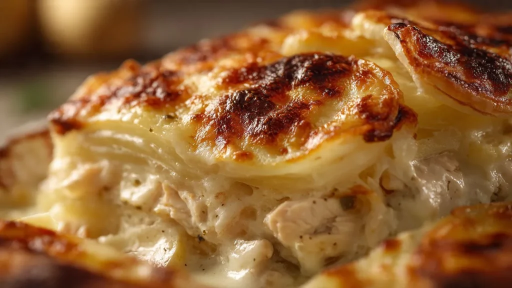 Nahaufnahme eines cremigen Auflafs mit geschmolzenem Käse und knuspriger Kruste