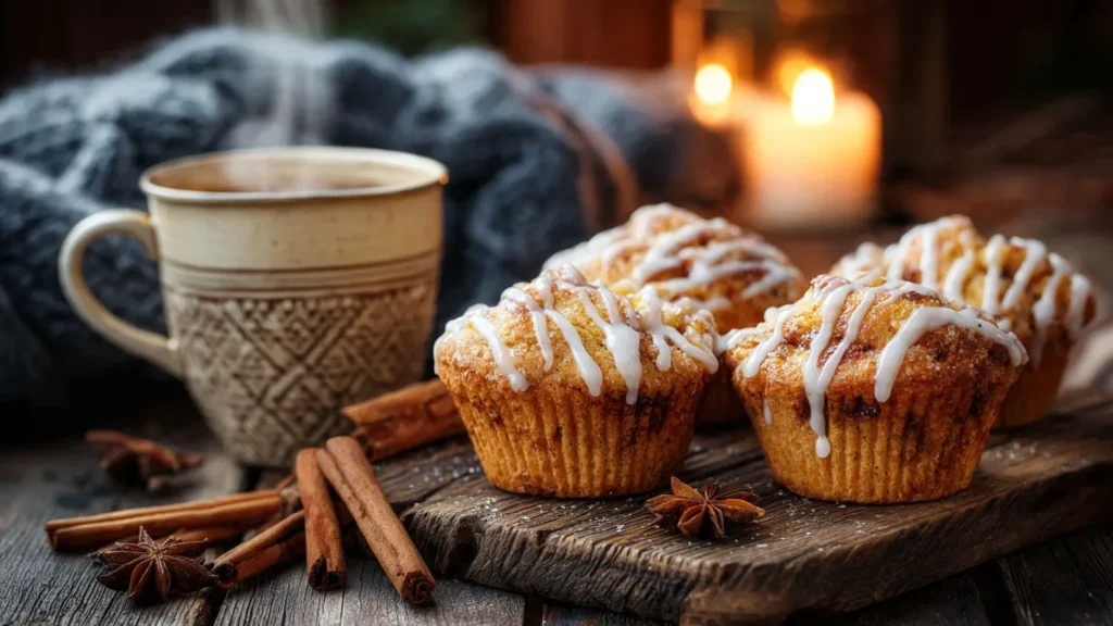 Goldbraune Zimt-Schnecken-Muffins auf rustikalem Holzbrett, mit weißem Zuckerguss beträufelt, dampfend neben einer Tasse heißem Kaffee und Zimtstangen