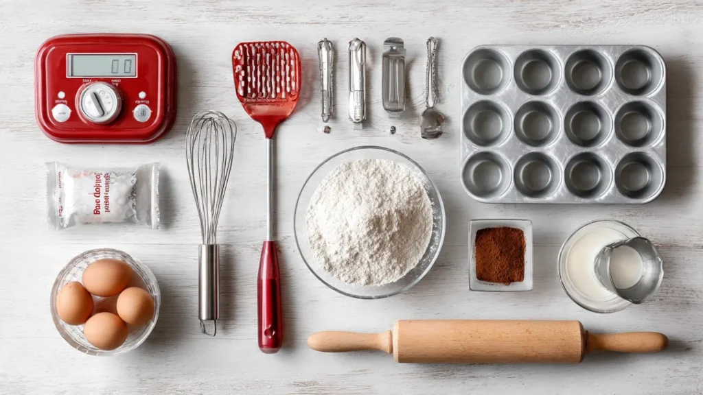 Übersichtlich arrangierte Backutensilien auf weißem Untergrund, Waage, Schneebesen, Teigschaber, Backformen, Messbecher und grundlegende Backzutaten wie Mehl, Zucker und Eier