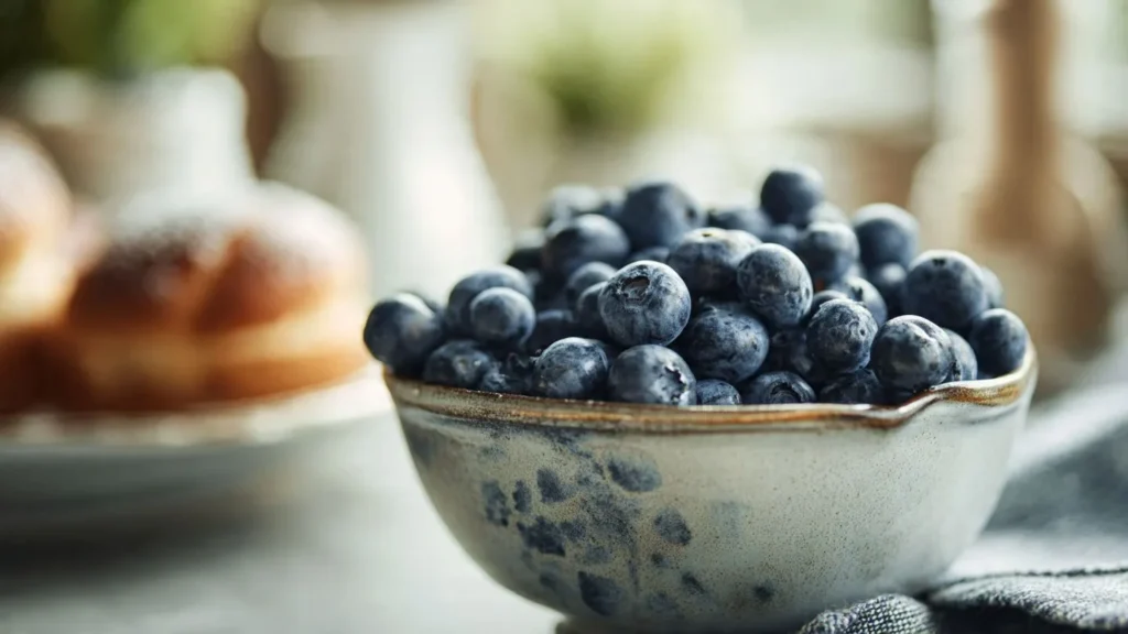 Frische Blaubeeren in Schüssel mit selbstgebackenen Blaubeer-Schnecken im Hintergrund