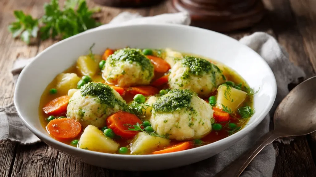 Bunter Gemüseeintopf mit fluffigen Knödeln und grünem Pesto in weißer Schale
