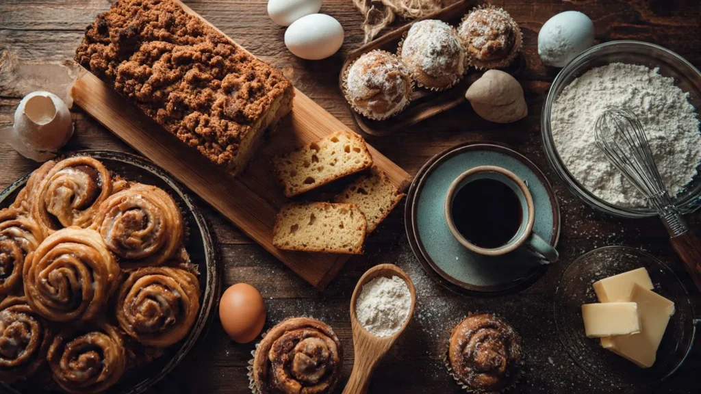 Rustikaler Holztisch mit verschiedenen selbstgebackenen Kuchen, Streuselkuchen, Muffins und Zimtschnecken, umgeben von Backutensilien und frischen Zutaten in warmer Küchenatmosphäre