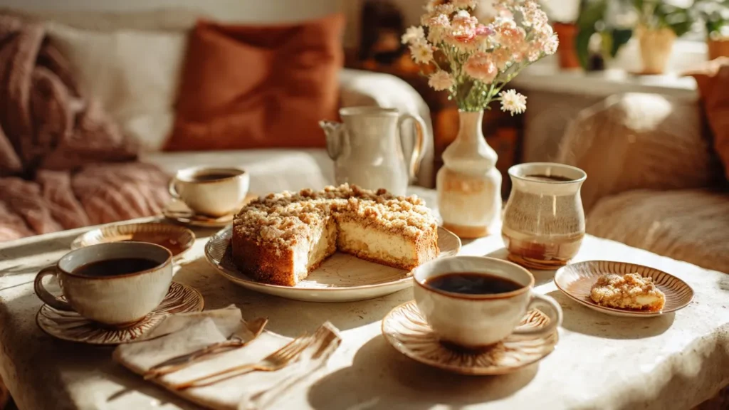 Gedeckter Kaffeetisch mit Streuselkuchen auf Kuchenplatte, Kaffeetassen, Kuchengabeln und Servietten in gemütlicher Wohnzimmeratmosphäre von oben fotografiert