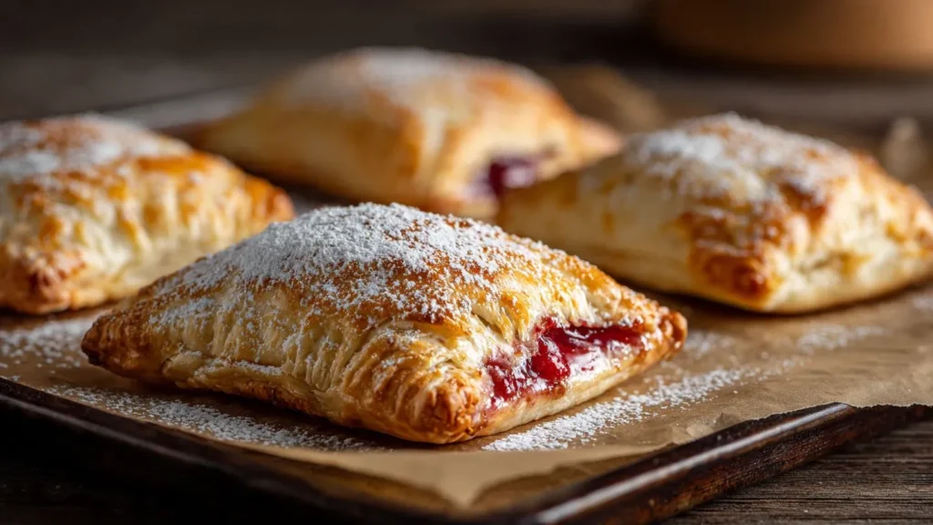 Frisch gebackene Blätterteig-Kirschtaschen mit Puderzucker auf Backblech