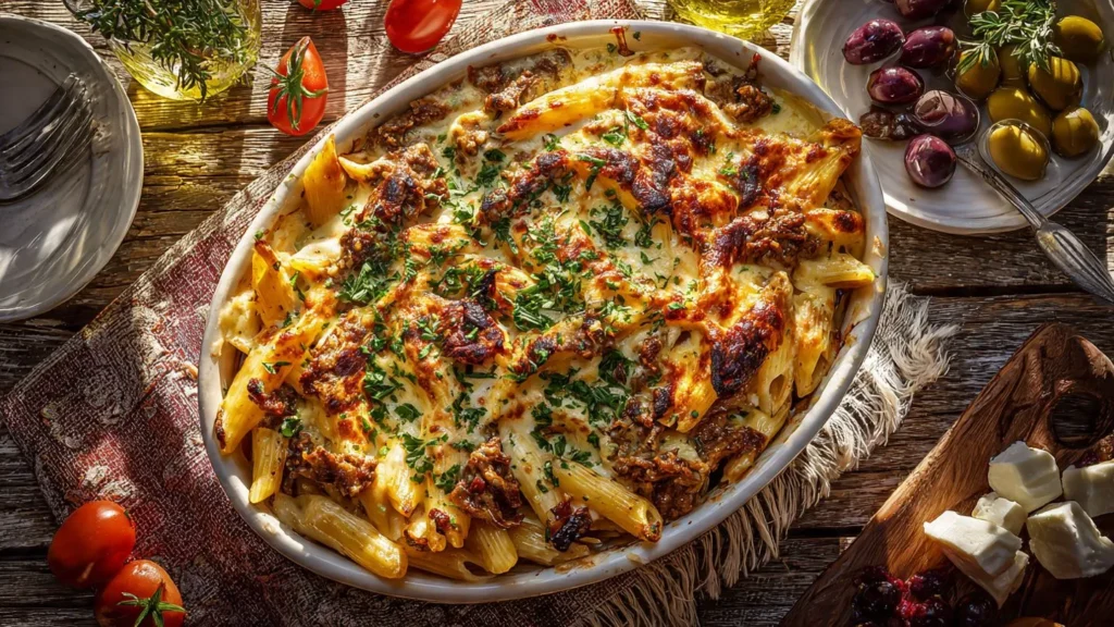 Würziger Nudelauflauf mit Gyros-Fleisch und cremiger Sauce überbacken mit Käse