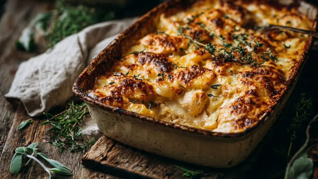 Dampfender goldbrauner Kartoffel-Hähnchen-Auflauf in rustikaler Keramikform auf Holztisch mit frischen Kräutern