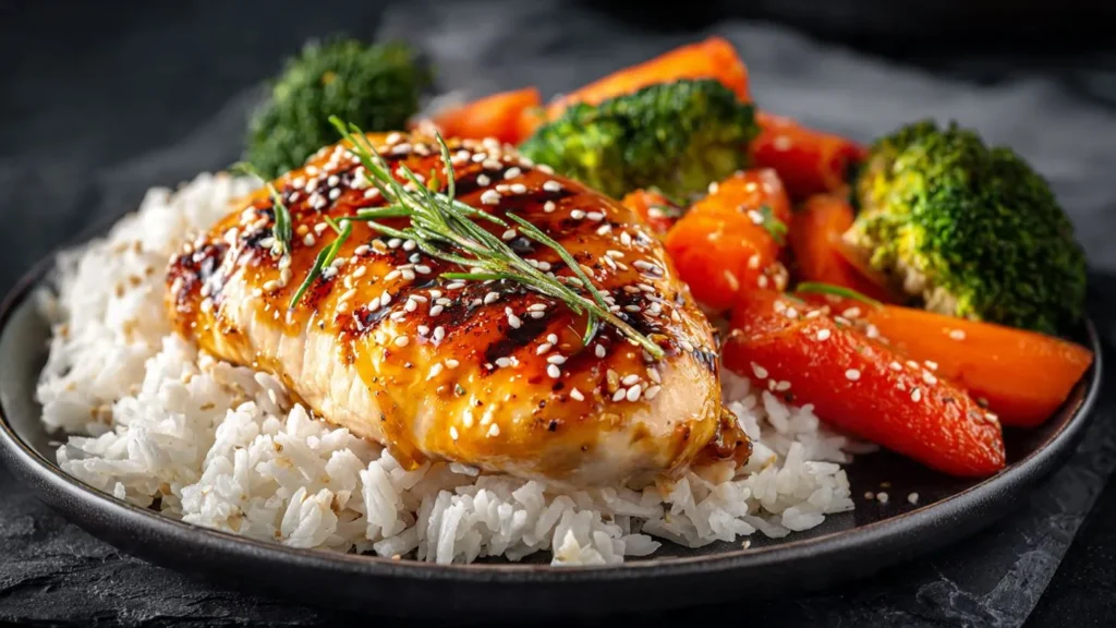 Gebratene Hähnchenbrust mit glänzender Honig-Senf-Glasur auf Reis mit Gemüse