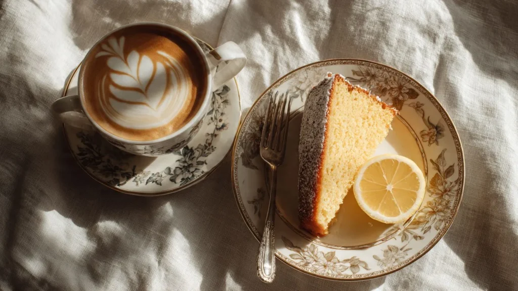 Tasse Kaffee neben Teller mit Zitronenkuchen auf gemütlicher Tischdecke