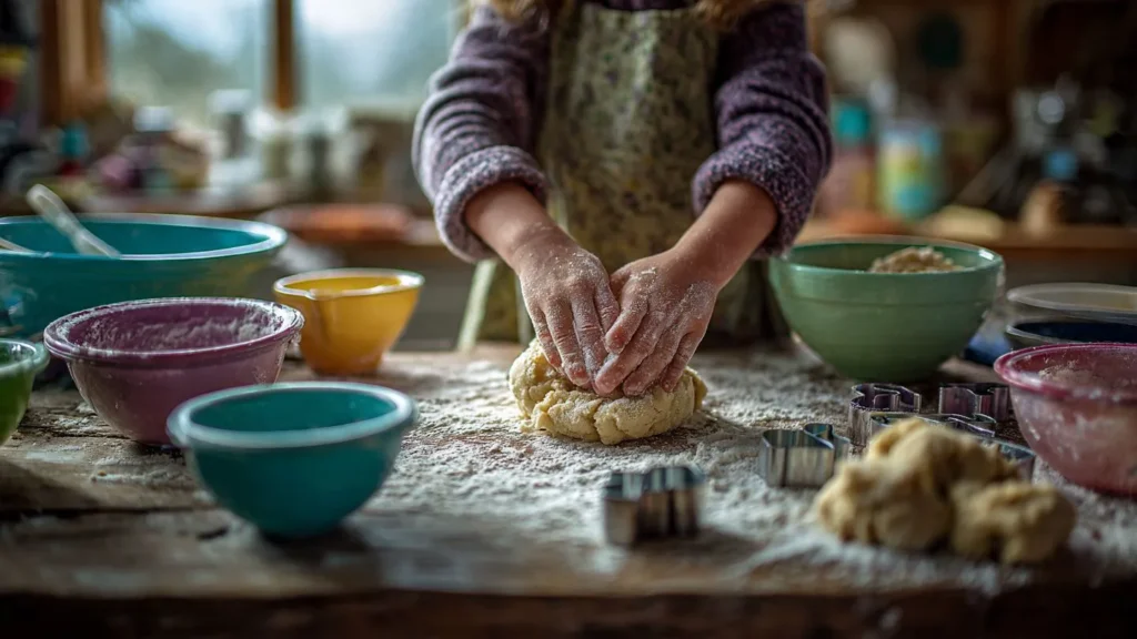 Kinderhände formen Keksteig auf bemehlter Arbeitsfläche