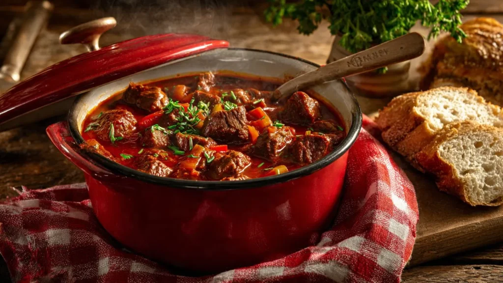 Dampfender Rindergulasch mit zartem Fleisch und Paprika in rustikalem Topf