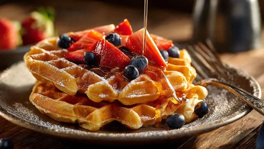 Gestapelte goldbraune belgische Waffeln mit tiefen Waben auf Teller, bedeckt mit frischen Erdbeeren, Blaubeeren und fließendem Ahornsirup, Puderzucker bestäubt