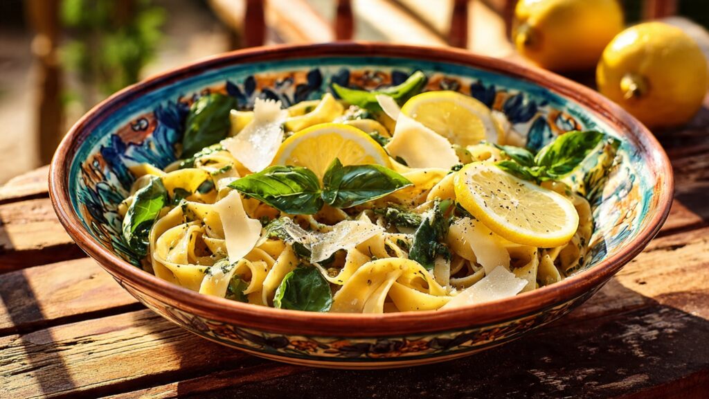 Mediterrane Pasta mit Zitronenscheiben, frischem Basilikum und Parmesan in rustikaler Schüssel