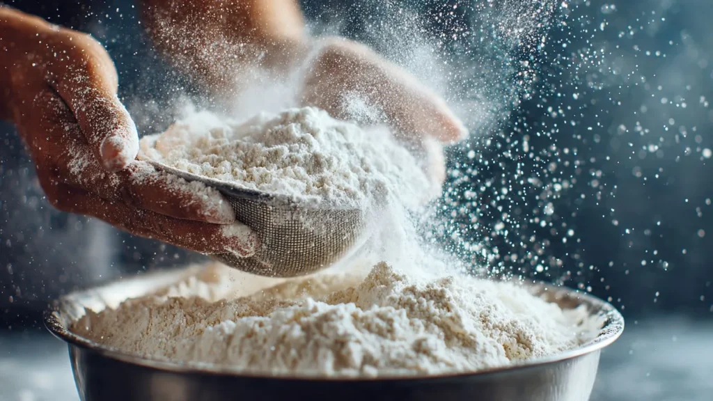 Action-Shot von Mehl das durch ein Sieb in eine Edelstahlschüssel rieselt, Mehlwolke schwebt in der Luft, Backen in Aktion