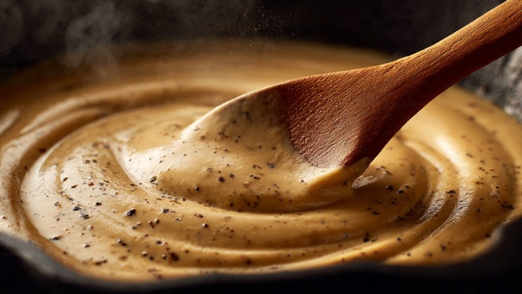 Goldene cremige Pasta-Sauce in schwarzer Pfanne mit Holzlöffel, seidig und glänzend
